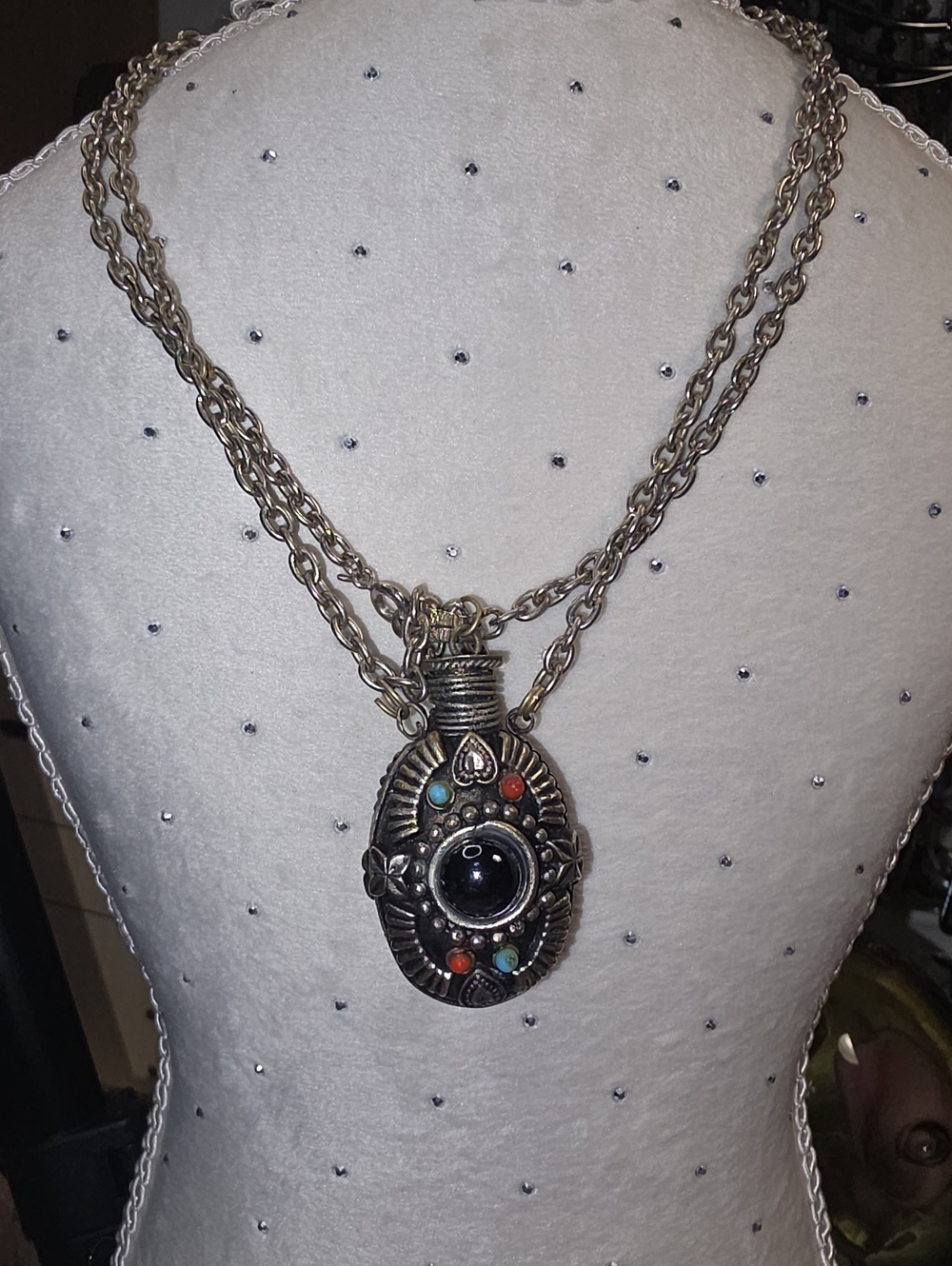 Bohemian Silver-Tone Pendant Necklace with Black Center and Multicolor Accents
